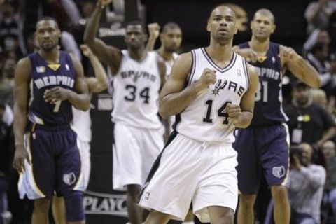 San Antonio Spurs' Gary Neal (14) reacts after he made a three-point shot to tie the Memphis Grizzlies in the final seconds of the fourth quarter of Game 5 of a first-round NBA basketball playoff series, Wednesday, April 27, 2011, in San Antonio. (AP Photo/Eric Gay)