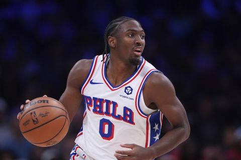 Philadelphia 76ers' Tyrese Maxey plays during an NBA basketball game, Saturday, Nov. 2, 2024, in Philadelphia. (AP Photo/Matt Slocum)