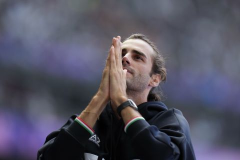 Gianmarco Tamberi, of Italy, gestures after the men's high jump qualification at the 2024 Summer Olympics, Wednesday, Aug. 7, 2024, in Saint-Denis, France. (AP Photo/Natacha Pisarenko)