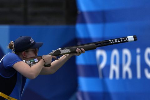 Greece's Emmanouela Katzouraki competes in the Skeet women's final at the 2024 Summer Olympics, Sunday, Aug. 4, 2024, in Chateauroux, France. (AP Photo/Manish Swarup)