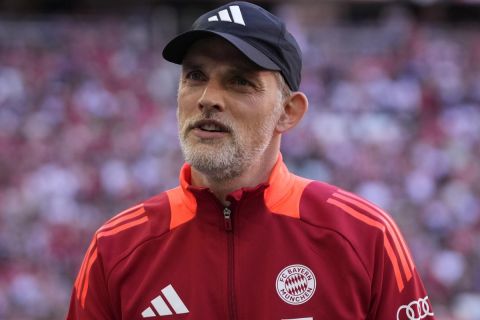 Bayern head coach Thomas Tuchel arrives for the German Bundesliga soccer match between FC Bayern Munich and VfL Wolfsburg in Munich, Germany, May 12, 2024. (AP Photo/Matthias Schrader)