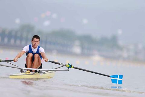 Nikolaos Afentoulis of Greece races in the lightweight men's single sculls heat at the 2013 World Rowing Championships in Chungju, South Korea.