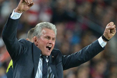 Munich's head coach Jupp Heynckes celebrates during the UEFA Champions League semi final second leg soccer match between FC Barcelona and FC Bayern Munich at Camp Nou Stadium in Barcelona, Spain, 01 May 2013. Photo: Peter Kneffel/dpa