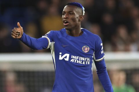 Chelsea's Nicolas Jackson reacts during the English Premier League soccer match between Chelsea and Everton at Stamford Bridge stadium in London, Monday, April 15, 2024. (AP Photo/Ian Walton)