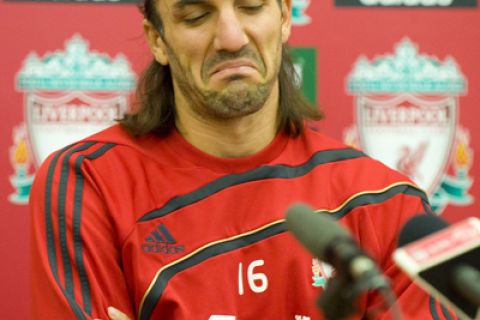 LIVERPOOL, ENGLAND - Saturday, August 22, 2009: Liverpool's new signing Sotirios Kyrgiakos during a press conference at the club's Melwood Training Ground. The 30-year-old defender was signed on a two-year deal from Greek club AEK Athens. (Photo by David Rawcliffe/Propaganda)