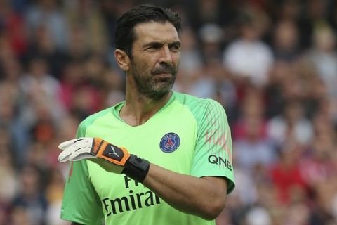 PSG's goalkeeper Gianluigi Buffon reacts during their League One soccer match between Guingamp and Paris Saint Germain at Roudourou stadium in Guingamp, western France, Saturday, Aug. 18, 2018. (AP Photo)