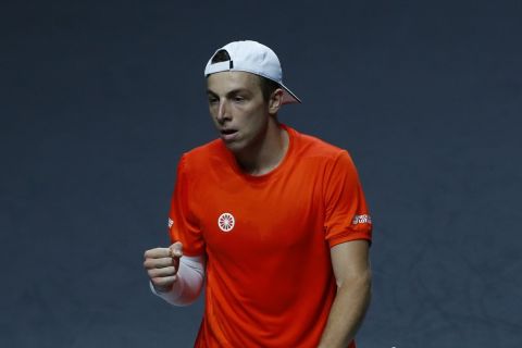 Netherland's Tallon Griekspoor reacts after winning a point against Australia's Jordan Thompson during a Davis Cup quarter-final tennis match between Australia and The Netherlands in Malaga, Spain, Tuesday, Nov. 22, 2022. (AP Photo/Joan Monfort)