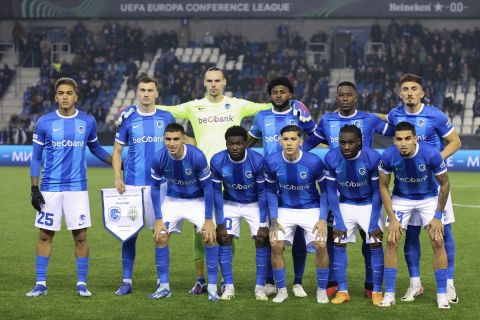 Players from Genk pose for a team photo prior to the Europa Conference League Group F soccer match between Genk and Ferencvaros at the KRC Genk Arena in Genk, Belgium, Thursday Oct. 26, 2023. (AP Photo/Francois Walschaerts)