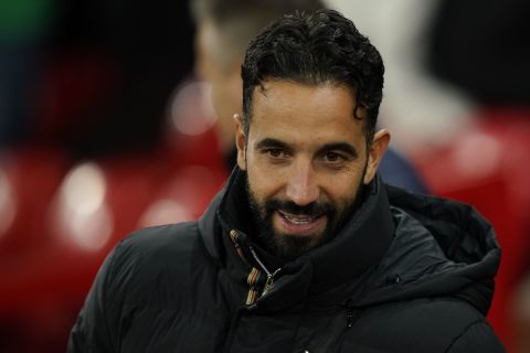 Manchester United's head coach Ruben Amorim smiles prior the Europa League opening phase soccer match between Manchester United and Bodo Glimt, at the Old Trafford stadium in Manchester, England, Thursday, Nov. 28, 2024. (AP Photo/Dave Thompson)