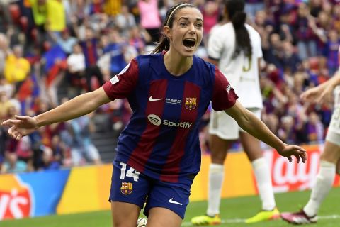 FILE - Barcelona's Aitana Bonmati celebrates after scoring the opening goal during the women's Champions League final soccer match between FC Barcelona and Olympique Lyonnais at the San Mames stadium in Bilbao, Spain, Saturday, May 25, 2024. (AP Photo/Alvaro Barrientos, File)