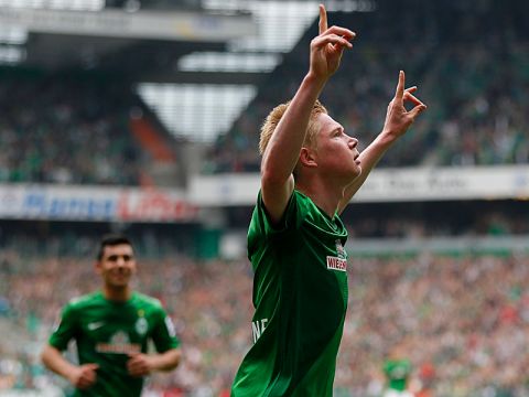 Bremen's Belgian midfielder Kevin de Bruyne celebrates scoring during the German first division Bundesliga football match Werder Bremen vs Eintracht Frankfurt on May 11, 2013 in Bremen, northern Germany.   AFP PHOTO / PHILIPP GUELLAND 

RESTRICTIONS / EMBARGO - DFL RULES TO LIMIT THE ONLINE USAGE DURING MATCH TIME TO 15 PICTURES PER MATCH. IMAGE SEQUENCES TO SIMULATE VIDEO IS NOT ALLOWED AT ANY TIME. FOR FURTHER QUERIES PLEASE CONTACT THE DFL DIRECTLY AT + 49 69 650050        (Photo credit should read PHILIPP GUELLAND/AFP/Getty Images)