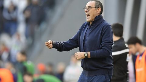 Juventus coach Maurizio Sarri shouts during the Serie A soccer match between Juventus and Fiorentina, at the Allianz Stadium in Turin, Italy, Sunday, Feb. 2, 2020. (Fabio Ferrari/Lapresse via AP)