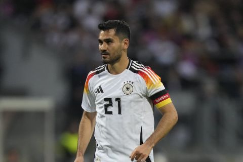 Germany's lkay Gundogan during an international friendly soccer match between Germany and Ukraine at the Max Morlock stadium in Nuremberg, Germany, Monday, June 3, 2024. (AP Photo/Matthias Schrader)