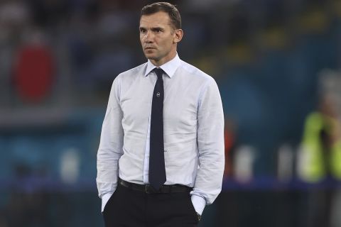 Ukraine's manager Andriy Shevchenko gestures during the Euro 2020 soccer championship quarterfinal soccer match between Ukraine and England at the Olympic stadium, in Rome, Italy, Saturday, July 3, 2021. (Lars Baron/Pool Photo via AP)