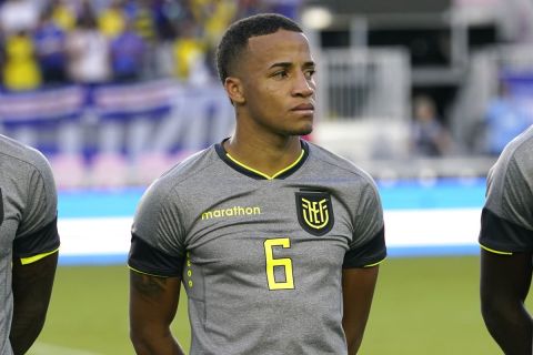 Ecuador's Byron Castillo (6) stands on the field before an international friendly soccer match against Cape Verde, Saturday, June 11, 2022, in Fort Lauderdale, Fla. (AP Photo/Lynne Sladky)