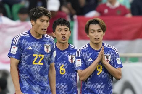 Japan's Ayase Ueda celebrates after scoring the second goal during the Asian Cup Group D soccer match between Japan and Indonesia at Al Thumama in Doha, Qatar, Wednesday, Jan. 24, 2024. (AP Photo/Thanassis Stavrakis)