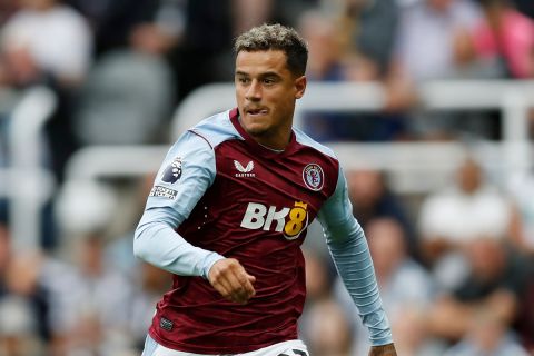 Aston Villa's Philippe Coutinho in action during the English Premier League soccer match between Newcastle and Aston Villa at St. James' Park in Newcastle, England, Saturday, Aug. 12, 2023. Newcastle won 5-1. (AP Photo/Steve Luciano)