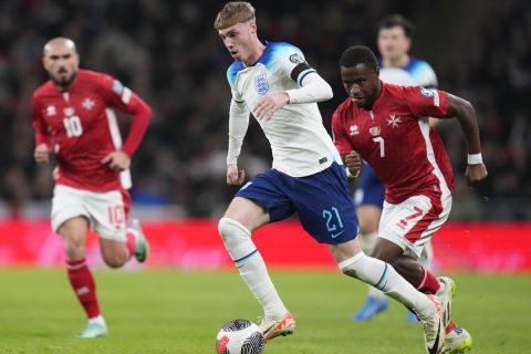 England's Cole Palmer controls the ball during the Euro 2024 group C qualifying soccer match between England and Malta at Wembley stadium in London, Friday, Nov. 17, 2023. (AP Photo/Kirsty Wigglesworth)