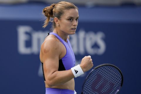 Maria Sakkari, of Greece, reacts during a match against Wang Yafan, of China, during the first round of the U.S. Open tennis championships, Monday, Aug. 26, 2024, in New York. (AP Photo/Seth Wenig)