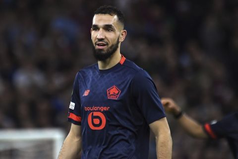 Lille's Nabil Bentleb during the Europa Conference League quarter final soccer match between Aston Villa and Losc Lille at Villa Park in Birmingham, England, Thursday, April 11, 2024. (AP Photo/Rui Vieira)