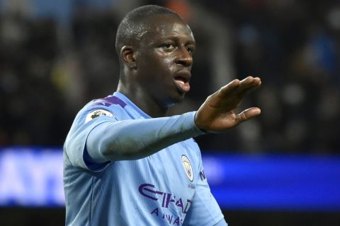 Manchester City's Benjamin Mendy during the English Premier League soccer match between Manchester City and Leicester City at Etihad stadium in Manchester, England, Saturday, Dec. 21, 2019. (AP Photo/Rui Vieira)