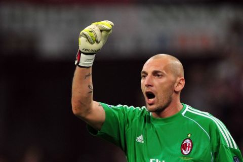 AC Milan's goalkeeper Chistian Abbiati gestures during the serie A football match AC Milan vs Inter on April 2, 2011, in San Siro stadium in Milan.     AFP PHOTO/ GIUSEPPE CACACE (Photo credit should read GIUSEPPE CACACE/AFP/Getty Images)