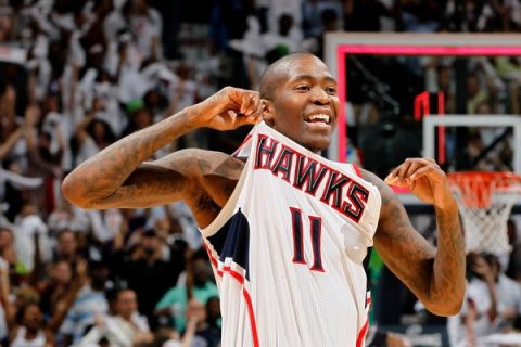 ATLANTA, GA - APRIL 28:  Jamal Crawford #11 of the Atlanta Hawks reacts after their 84-81 win over the Orlando Magic during Game Six of the Eastern Conference Quarterfinals in the 2011 NBA Playoffs at Philips Arena on April 28, 2011 in Atlanta, Georgia.  NOTE TO USER: User expressly acknowledges and agrees that, by downloading and or using this photograph, User is consenting to the terms and conditions of the Getty Images License Agreement.  (Photo by Kevin C. Cox/Getty Images)