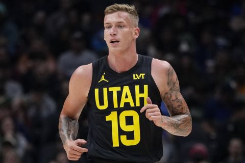 Utah Jazz forward Luka Samanic (19) in action against the Los Angeles Clippers during the second half of a preseason NBA basketball game Tuesday, Oct. 10, 2023, in Seattle. The Clippers won 103-98. (AP Photo/Lindsey Wasson)