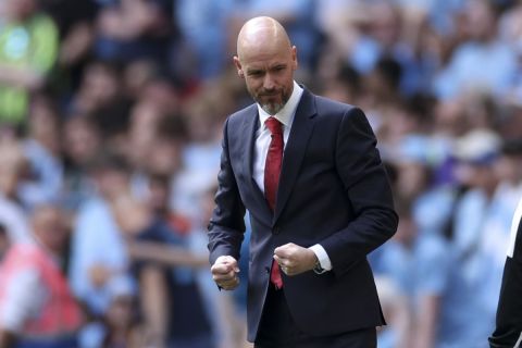 Manchester United's head coach Erik ten Hag reacts during the English FA Cup final soccer match between Manchester City and Manchester United at Wembley Stadium in London, Saturday, May 25, 2024. (AP Photo/Ian Walton)