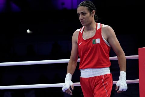 Algeria's Imane Khelif, reacts after defeating Italy's Angela Carini in their women's 66kg preliminary boxing match at the 2024 Summer Olympics, Thursday, Aug. 1, 2024, in Paris, France. (AP Photo/John Locher)