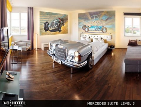 V8Hotel - the Mercedes Suite - pure exclusivity in the former airport tower on four floors and 120 square meters with a private sauna and roof terrace.  The rooms of our four-star automotive themed hotel in the MOTORWORLD Region Stuttgart are influenced by the clean lines of classic modernism. The spa area offers various catering and banquet facilities complete the offer.