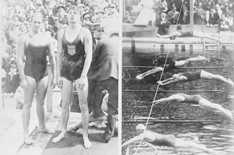 25 Jul 1924, Paris, France --- Original caption: Paris, France: Composite Olympic photo of the 400 meter swimming event. On left are swimmers Johnny Weissmuller, U. S. A. (R) and Andrew Charlton, Australia (L). The action shot on the right shows the swimmers as they are about to plunge into the pool in the 400 meter race. Weissmuller and Arne Borg of Sweden swam neck and neck, outdistancing Charlton. With a tremendous reserve of speed, Weissmuller pulled away from Borg towards the end. Top to bottom; Weissmuller, Borg Charlton, ake Bark and Hatfield of Britain. --- Image by © Bettmann/CORBIS