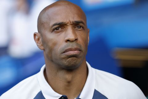 France's head coach Thierry Henry, is seen before the men's soccer gold medal match between France and Spain at the Parc des Princes during the 2024 Summer Olympics, Friday, Aug. 9, 2024, in Paris, France. (AP Photo/Aurelien Morissard)