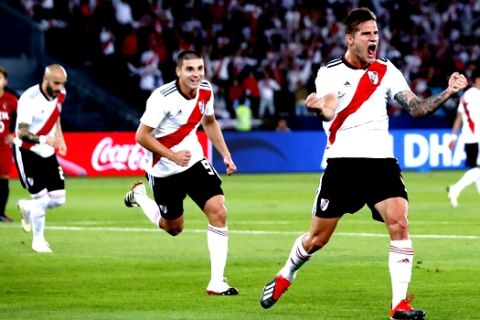 Argentina's River Plate Bruno Zuculini celebrates after scoring during the Club World Cup third place soccer match between River Plate and Kashima Antlers at Zayed Sport City in Abu Dhabi, United Arab Emirates, Saturday, Dec. 22, 2018. (AP Photo/Hassan Ammar)