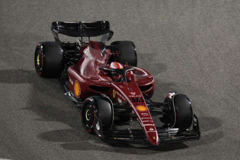 Ferrari driver Charles Leclerc of Monaco steers his car during qualifying session for the Formula One Bahrain Grand Prix it in Sakhir, Bahrain, Saturday, March 19, 2022. (AP Photo/Hassan Ammar)