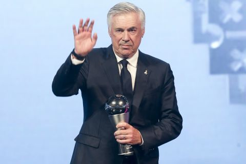 Carlo Ancelotti, Head Coach of Real Madrid, receives the Best FIFA Men's Coach Award during the FIFA Football Awards 2024 in Doha, Qatar, Tuesday, Dec. 17, 2024. (AP Photo/Hussein Sayed)