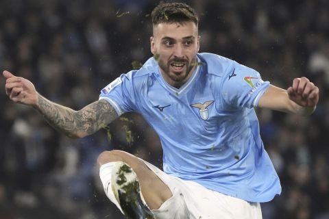 Lazio's Mario Gila during the Serie A soccer match between Lazio and Napoli at Rome's Olympic Stadium, Sunday, Jan. 28, 2024. (AP Photo/Gregorio Borgia)