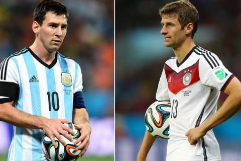 FILE PHOTO - EDITORS NOTE: COMPOSITE OF TWO IMAGES - Image Numbers 451925716 (L) and 451525030) In this composite image a comparison has been made between Lionel Messi of Argentina and Thomas Mueller of Germany. Germany and Argentina play each other in the 2014 FIFA World Cup Brazil Final on July 13, 2014 in the Maracana Stadium in Rio De Janeiro,Brazil. ***LEFT IMAGE*** SAO PAULO, BRAZIL - JULY 09: Lionel Messi of Argentina looks on during the 2014 FIFA World Cup Brazil Semi Final match between the Netherlands and Argentina at Arena de Sao Paulo on July 9, 2014 in Sao Paulo, Brazil. (Photo by Matthias Hangst/Getty Images) ***RIGHT IMAGE*** PORTO ALEGRE, BRAZIL - JUNE 30: Thomas Mueller of Germany looks on during the 2014 FIFA World Cup Brazil Round of 16 match between Germany and Algeria at Estadio Beira-Rio on June 30, 2014 in Porto Alegre, Brazil. (Photo by Jamie Squire/Getty Images)