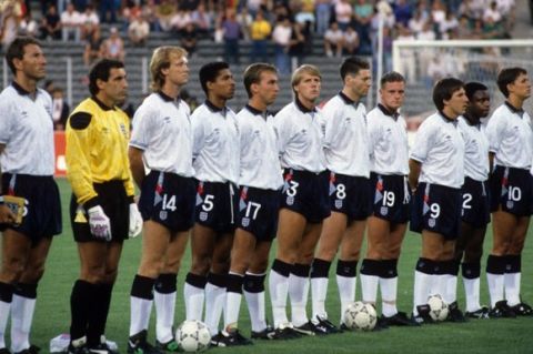 England Team Group. (l-r) Terry Butcher, Peter Shilton, Mark Wright, Des Walker, David Platt, Stuart Pearce, Chris Waddle, Paul Gascoinge, Peter Beardsley, Paul Parker and Gary Lineker