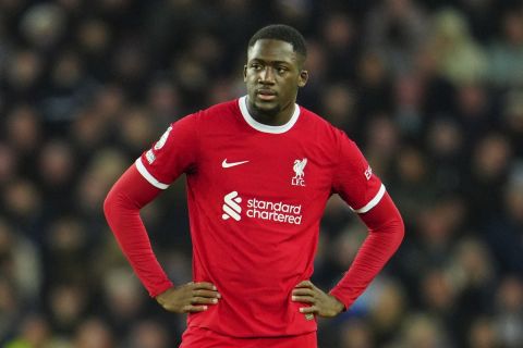 Liverpool's Ibrahima Konate reacts during the English Premier League soccer match between Everton and Liverpool at the Goodison Park stadium in Liverpool, Britain, Wednesday, April 24, 2024. (AP Photo/Jon Super)