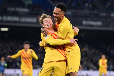 February 24, 2022, Naples, Italy: Naples, Italy, Diego Armando Maradona stadium, February 24, 2022, Barcelona s defender Jordi Alba celebrates with Pierre-Emerick Aubameyang after scoring the 0-2 goal during SSC Napoli vs FC Barcellona - football Europa League match. football Europa League match - SSC Napoli vs FC Barcellona, Naples, Italy PUBLICATIONxINxGERxSUIxAUTxONLY - ZUMAl164 20220224_zsa_l164_850 Copyright: xCarmeloxImbesix 