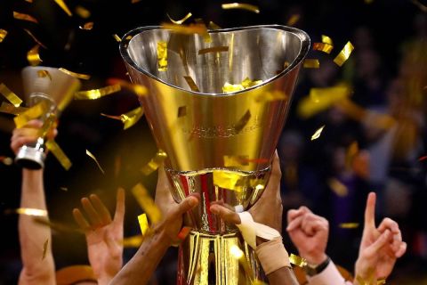 VITORIA-GASTEIZ, SPAIN  MAY 19, 2019: BC CSKA Moscow players celebrate winning their 2019 Basketball Euroleague Final Four championship game against BC Anadolu Efes Istanbul, at Fernando Buesa Arena. Valery Sharifulin/TASS PUBLICATIONxINxGERxAUTxONLY TS0AC034  