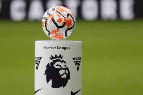 The match ball sits on a pedastal before the English Premier League soccer match between Newcastle and Aston Villa at St. James' Park in Newcastle, England, Saturday, Aug. 12, 2023. Newcastle won 5-1. (AP Photo/Steve Luciano)