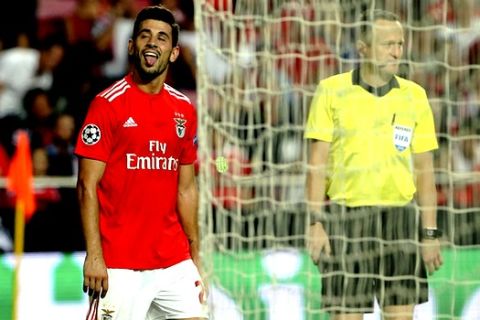 Benfica's Pizzi reacts after missing an opportunity to score during the Champions League playoffs, first leg, soccer match between Benfica and PAOK at the Luz stadium in Lisbon, Tuesday, Aug. 21, 2018. (AP Photo/Armando Franca)