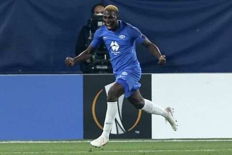 FILE - Molde's David Datro Fofana celebrates scoring his side's third goal to make the score 3-3 during the Europa League round of 32 first leg soccer match between Molde and 1899 Hoffenheim at the Ceramica stadium in Villarreal, Spain, Feb. 18, 2021. Chelsea has agreed to sign striker David Datro Fofana from Norwegian club Molde. The 20-year-old Ivory Coast international will join Chelsea on New Year's Day, the Premier League club confirmed Wednesday Dec. 28, 2022. (AP Photo/Alberto Saiz, File)