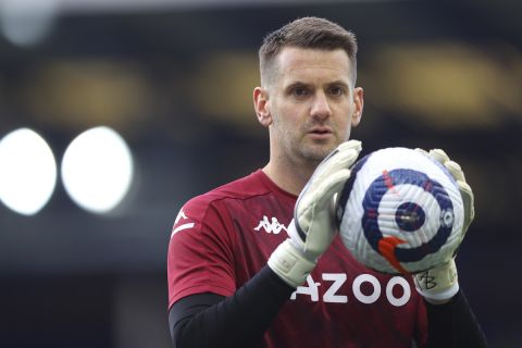 Aston Villa's goalkeeper Tom Heaton ahead of the English Premier League soccer match between Everton and Aston Villa at Goodison Park in Liverpool, England, Saturday, May 1, 2021. (Naomi Baker/Pool via AP)