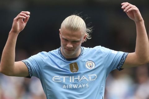 Manchester City's Erling Haaland reacts during the English Premier League soccer match between Manchester City and Brentford at the Etihad Stadium in Manchester, England, Saturday, Sept. 14, 2024. (AP Photo/Scott Heppel)