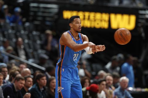 Oklahoma City Thunder guard Andre Roberson (21) in the second half of an NBA preseason basketball game Tuesday, Oct. 10, 2017, in Denver. The Thunder won 96-86. (AP Photo/David Zalubowski)