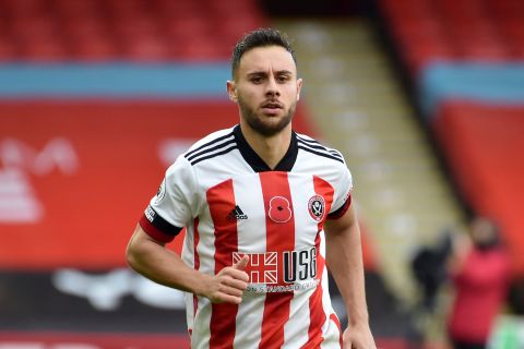 Sheffield United's George Baldock during the English Premier League soccer match between Sheffield United and Manchester City at Bramall Lane in Sheffield, England, Saturday Oct. 31, 2020. (AP Photo/Rui Vieira)