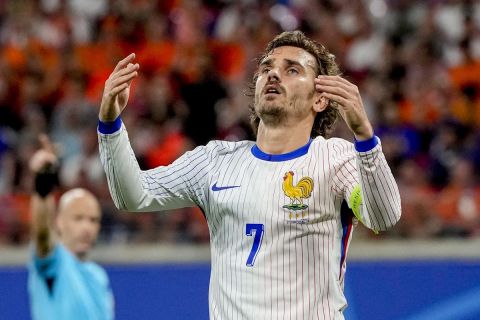 Antoine Griezmann of France reacts during a Group D match between the Netherlands and France at the Euro 2024 soccer tournament in Leipzig, Germany, Friday, June 21, 2024. (AP Photo/Antonio Calanni)